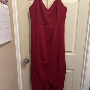 CMZ2005 Red Sleeveless Spaghetti strap maxi  tulip skirt dress with v neck - M
